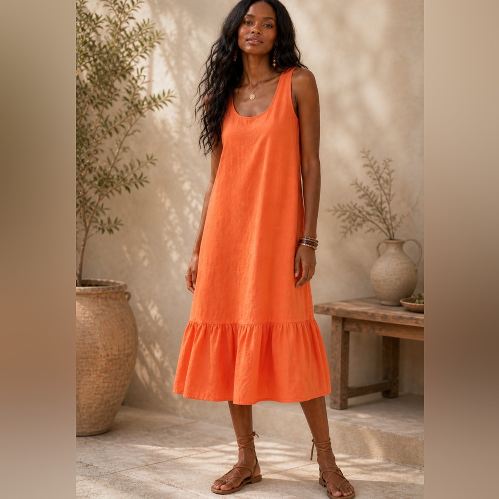 Anthropologie Michaela Flounce Hem Midi Dress Orange Size M